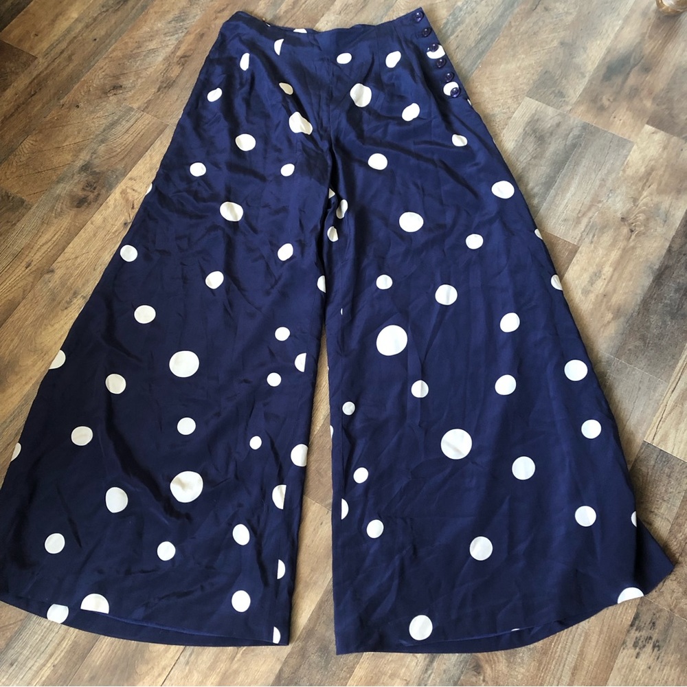 J Peterman Sz 10 Navy Blue and White Polka Dot 100% Silk Palazzo Pants